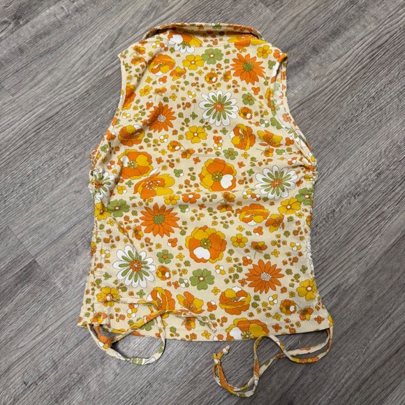 Kontrol Floral Sleeveless Top Collared V-Neck Side Cinch Orange Green Retro 70's - Picture 2 of 10